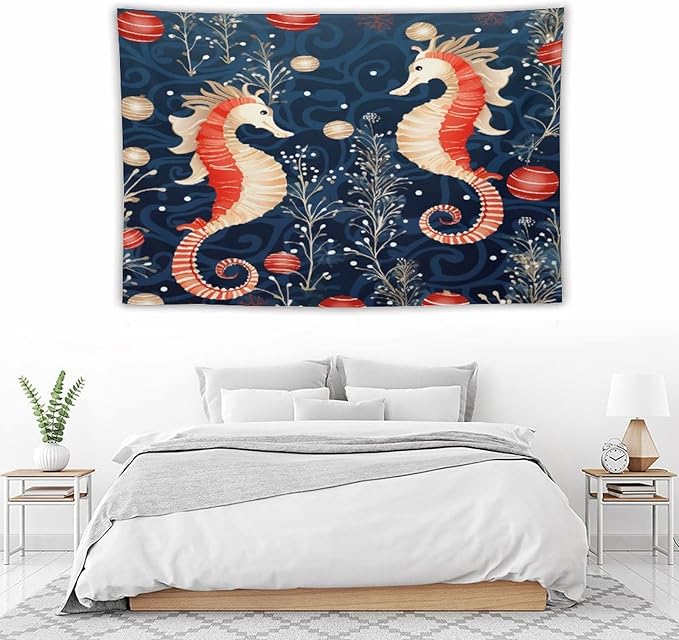Tapestry Seahorse Christmas Kiss Beach Aesthetic Bedroom Tapestries Ocean Coastal Beach Wall Tapestries Home Decoration for Bedroom Living Room Dorm Landscape 60"x90" Christmas Family Party