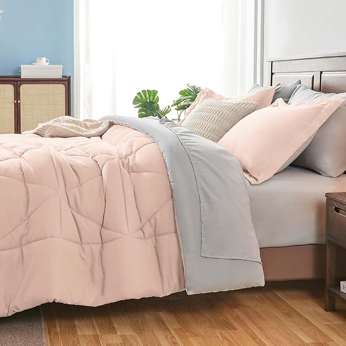 BEDELITE Queen Comforter Set 7 Pieces Bed in A Bag - Soft Microfiber Reversible Dusty Pink Bed Set with Comforters, Sheets, Pillowcases & Shams, Cozy Luxury Bedding Sets for All Season