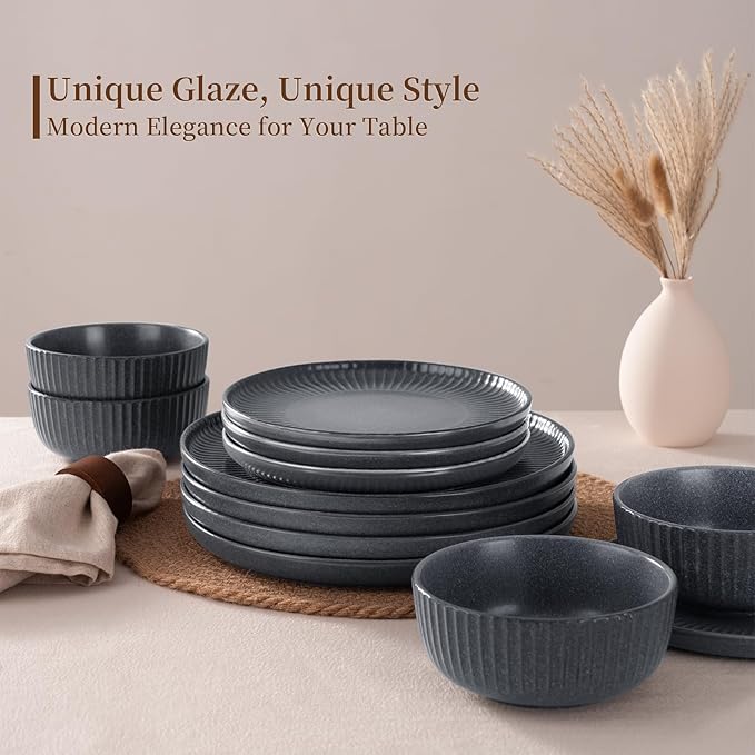 Famiware Starlight Dinnerware Sets, Plates and Bowls Dish Set of 8 (24 Pieces), Ribbed Textured Tableware - Dishwasher & Microwave Safe, Chip Resistant, Reactive Glaze, Matte Midnight Grey
