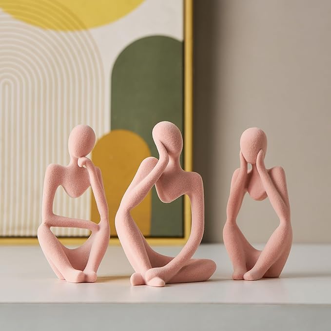 FJS Thinker Statue Shelf Decor - Velvet Collectible Figurines Living Room Decor, Modern Sculptures Home Decorations for Bookshelf Coffee Table Office (Pink Velvet)