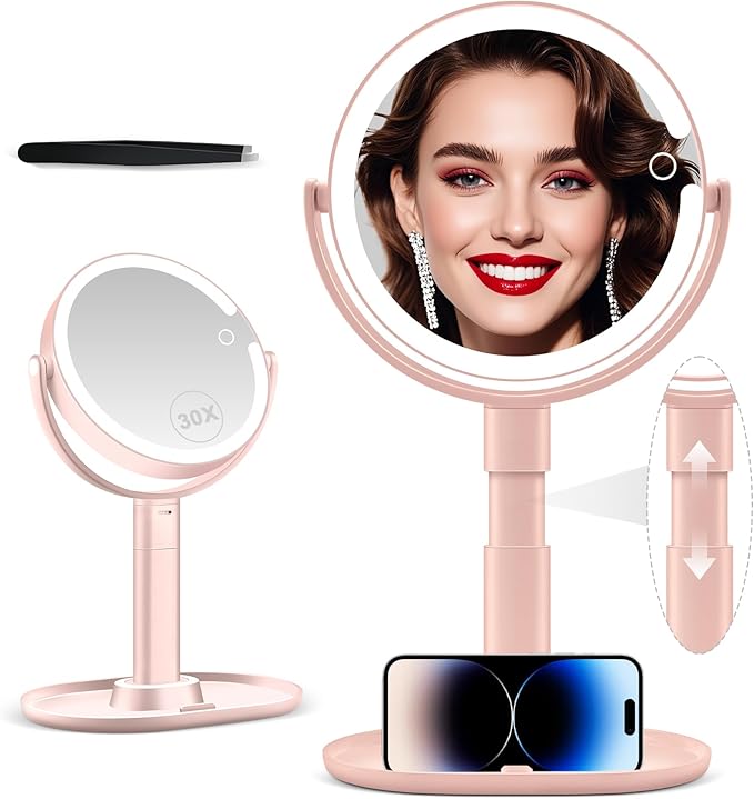 MIYADIVA Makeup Mirror with Lights, 20X Magnifying Mirror with Light and Touch Switch, Vanity Mirror with 3 Color Light and 80 LEDs, Height Adjustable Desk Mirror with Light, Pink