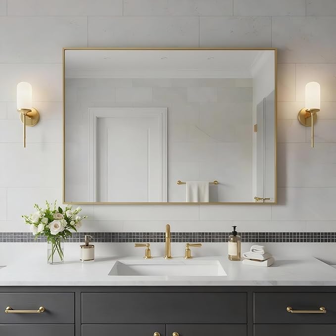 24x36 Inch Brass Bathroom Mirror for Wall, Aluminum Frame Rectangle Rectangular Vanity Mirror, Modern Large for Bedroom, Living Room, Horizontal or Vertical