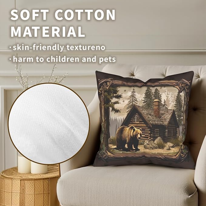 Cabin Pillow Covers 18x18 - Rustic Bear Deer Throw Pillow Covers Set of 2 Wildlife Woodland Pillowcases for Couch Sofa