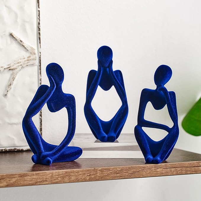 FJS Living Room Decor: Flocked Thinker Statue, 4.7" H Navy Blue Abstract Art Sculpture - Set of 3 for Home, Office, Shelf, Table Decoration
