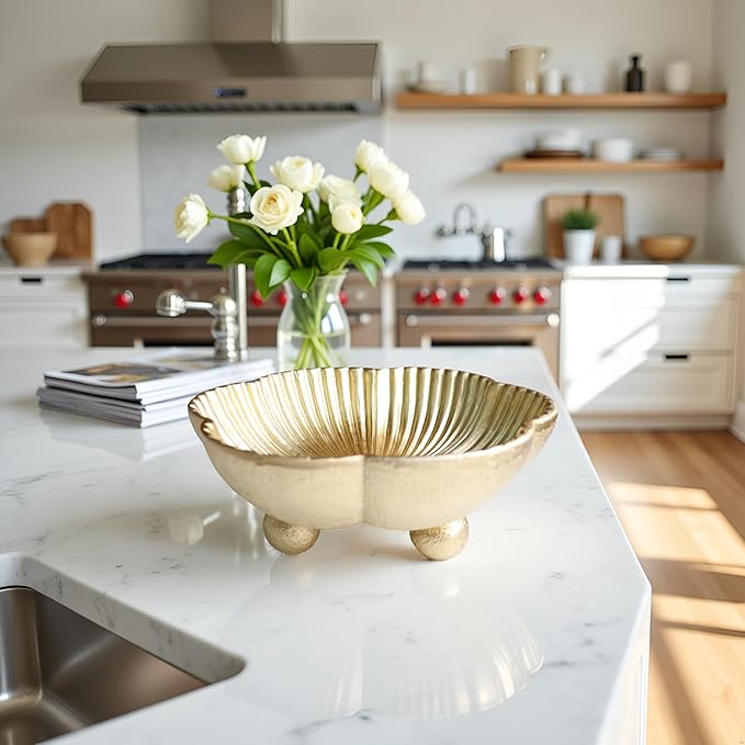 Large Decorative Bowl decor, Scalloped Pedestal Bowls for Modern Home Decor,Ruffle Decor,Stylish Key Bowl for Entry Table,Decorative Fruit Bowl for Kitchen Counter, Golden