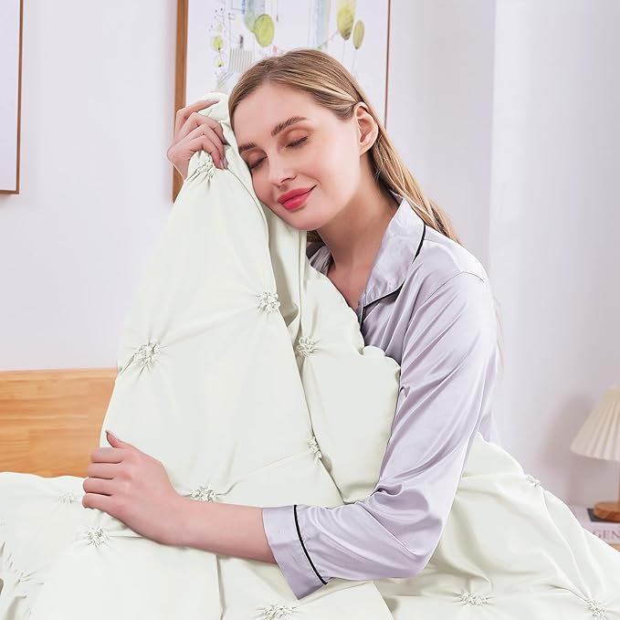 JOLLYVOGUE Ivory King Size Comforter Sets 7 Pieces, Pintuck Bed in a Bag Comforter Set for Bedroom, Bedding Comforter Sets with Comforter, Sheets, Ruffled Shams & Pillowcases