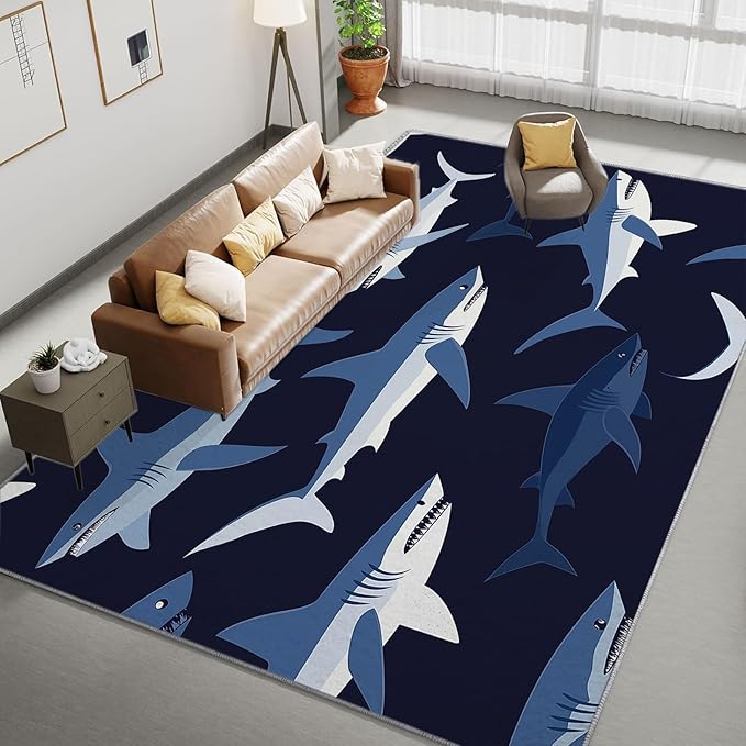 Washable Area Rug for Living Room 5x8 ft Cartoon Shark Dark Blue 3D Print Decor Carpet, Non Slip Stain Resistant Large Area Rugs, for Bedroom Dining Room Office