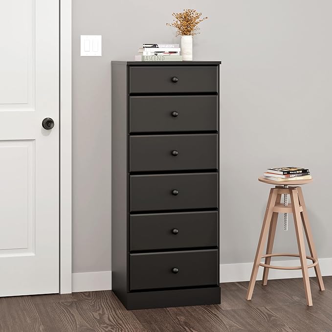 Prepac Astrid Tall Black Dresser for Bedroom: 16.5"D x 19.75"W x 50"H, 6-Drawer Chest for Bedroom by Prepac - Perfect Chest of Drawers for Ample Storage in Narrow Spaces