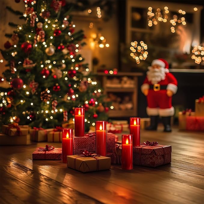 Amagic Red Flameless Candles with Remote, Battery Operated Candles with Timer, Acrylic Flickering LED Candles for Christmas Decor, 3D Wick, Warm Yellow Glow, D2.2 xH5 5" 6" 7" 8", Set of 5