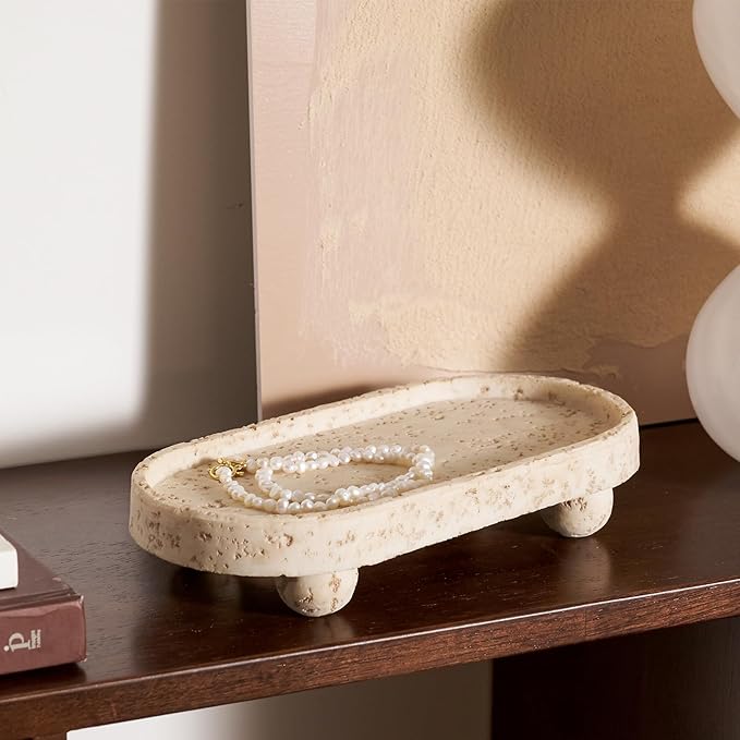 DN DECONATION Resin Decorative Tray with Legs, 4 Footed Coffee Table Trays Decor, Travertine Look Vanity Tray for Perfume Jewelry Bathroom Soap Kitchen Countertop Dresser, Oval 9.53x1.97in