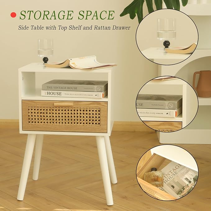 MaxSmeo White Nightstand with Drawer, Mid Century Modern Nightstand, Rattan Side Table, End Table with Storage for Living Room, Bedroom and Small Spaces, Easy Assembly (White)