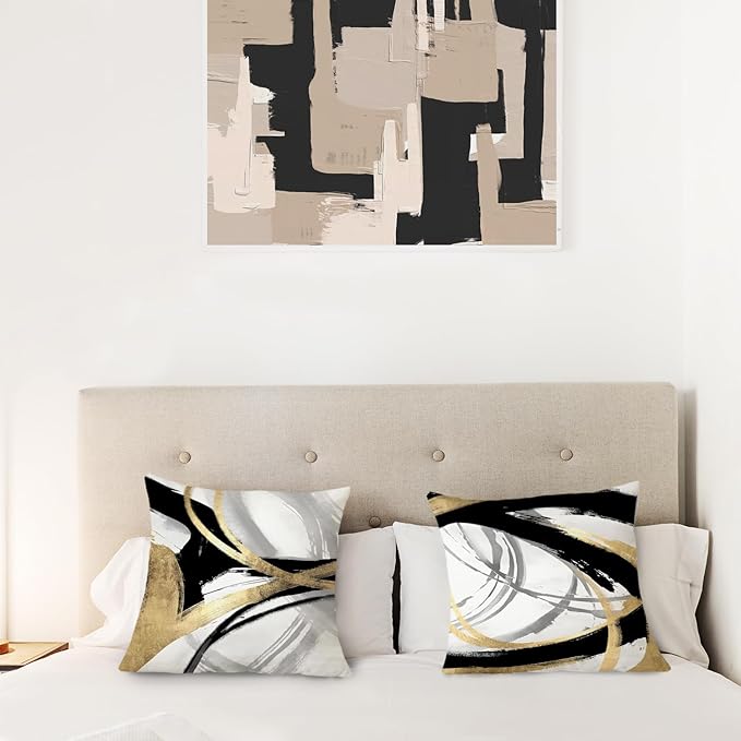Black White and Gold Pillow Covers, Abstract Black and Gold Pillow Covers 16x16 Set of 2, Modern Boho Home Decor, Black and Gold Decorative Throw Pillows Cover for Couch Living Room Bedroom