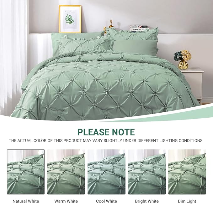 JOLLYVOGUE Green Twin Size Comforter Sets 5 Pieces, Pintuck Bed in a Bag Comforter Set for Bedroom, Bedding Comforter Sets with Comforter, Sheets,Ruffled Shams & Pillowcases