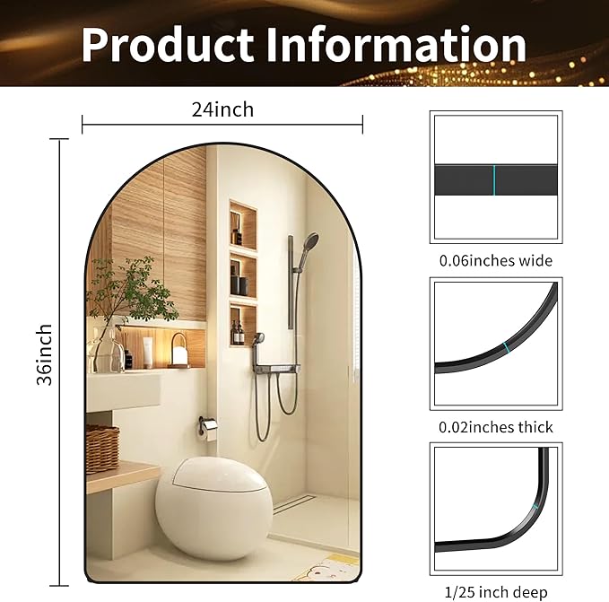 24x36 Inch Premium Black Arched Mirror Shatter Resistant No Distortion Luxe Brushed Metal Frame Arch Mirror for Bathroom Vanity Modern Wall Decor
