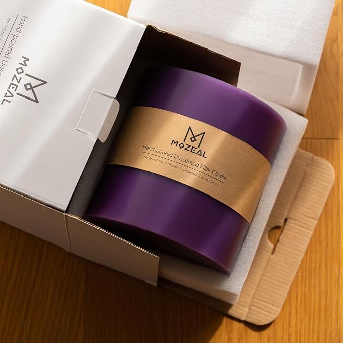 MOZEAL Extra Large 3 Wick Purple Pillar Candle, 6" x 6", Unscented, Dripless, Smokeless, and Clean-Burning. Approx. 120 Hours of Burn Time. Perfect for Weddings, Dinners, Christmas and Home Decor