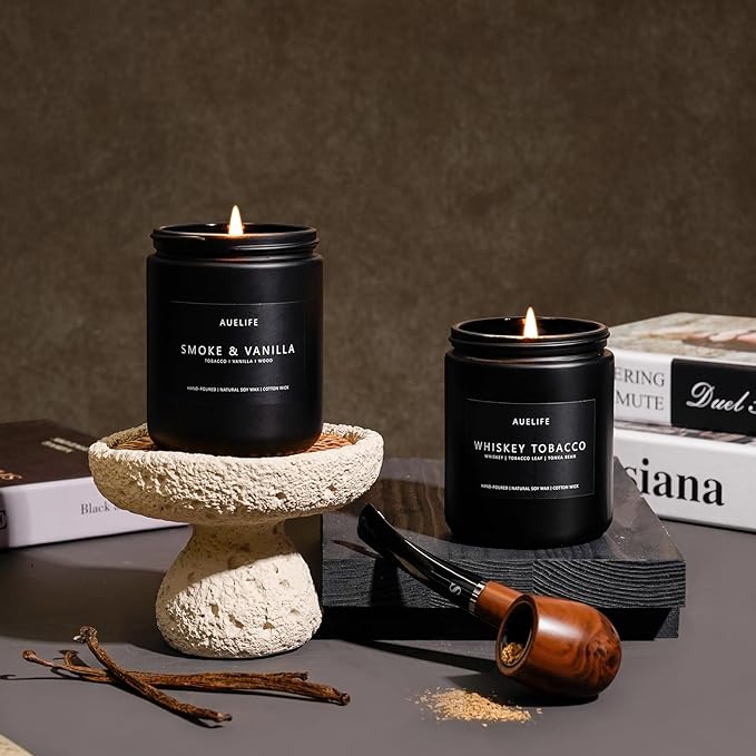 2 Pack Candle | Smoke & Vanilla + Whiskey Tobacco - Candles for Men - Masculine Candle, Soy Candles for Home Scented - Gifts for Men, Home Fragrance Manly Gifts - Each of 7oz