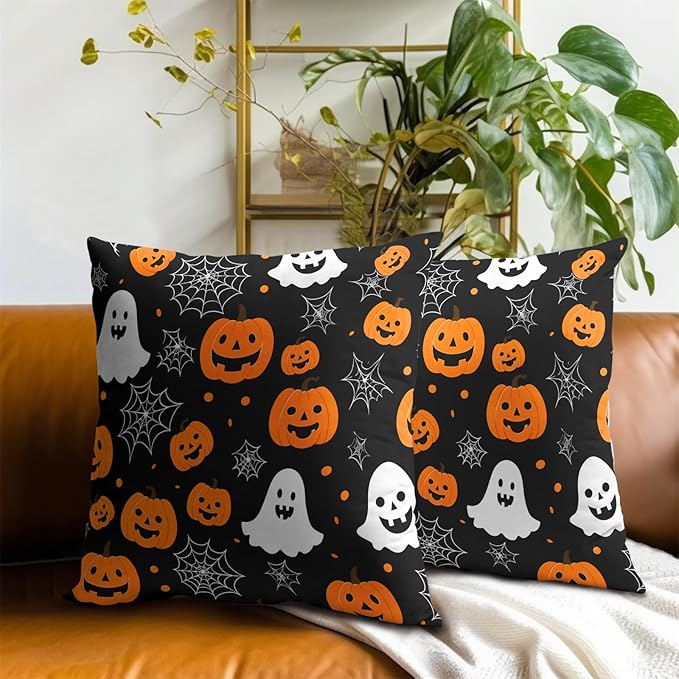 Halloween Throw Pillow Covers 18x18 - Ghost Pumpkins Pillow Covers 2PCS Halloween Day Spider Web Pillowcases for Couch Sofa Bench Bedroom