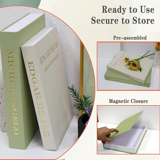 Decorative Fake Books for Coffee Table - Set of 2 Linen Aesthetic Faux Books Decor - Minimalist Keepsake Photo Storage Box for Office Home Living Room Mantle Top Decoration (Green-beige)
