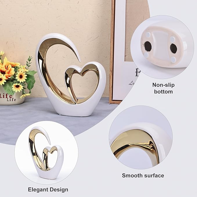 LCCCK Porcelain Double Heart Decor,White and Gold Sculpture Home Decor for Living Room Entryway Coffee Dining Table Shelves, Wedding Anniversary, Valentine's Gift for Couples & Lovers Modern