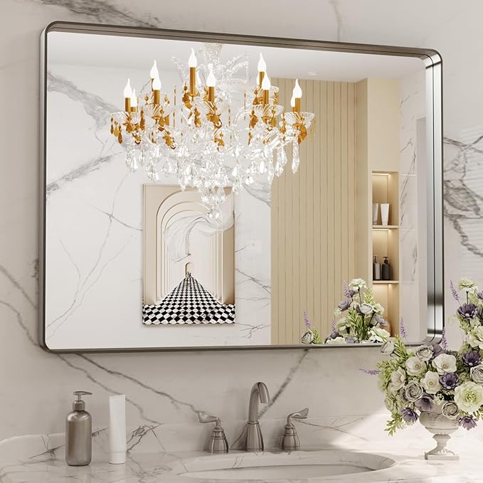 LOAAO 40X30 Inch Brushed Nickel Bathroom Mirror, Rounded Rectangle Silver Metal Frame Mirror, Brushed Nickel, Anti-Rust, Shatter Proof, Hangs Horizontally or Vertically
