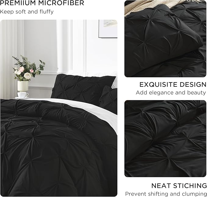 Andency Black Pinch Pleat Comforter Queen(90x90Inch), 3 Pieces(1 Pintuck Comforter and 2 Pillowcases) Pintuck Comforter Set, Microfiber All Season Down Alternative Bedding Set
