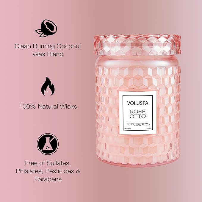 Voluspa Rose Otto, Large Candle Jar, 18 Ounce, 100 Hour Burn Time, Coconut Wax for Clean Burning, Handcrafted in The USA