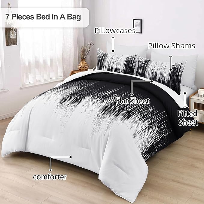 Dinjoy Ombre Black Comforter Set King Size Gradient Black White Boho Bedding Set for Teen Men Women 7 Pieces Bed in A Bag Bohemian Bed Set with Comforter, Sheets, Pillowcases & Shams