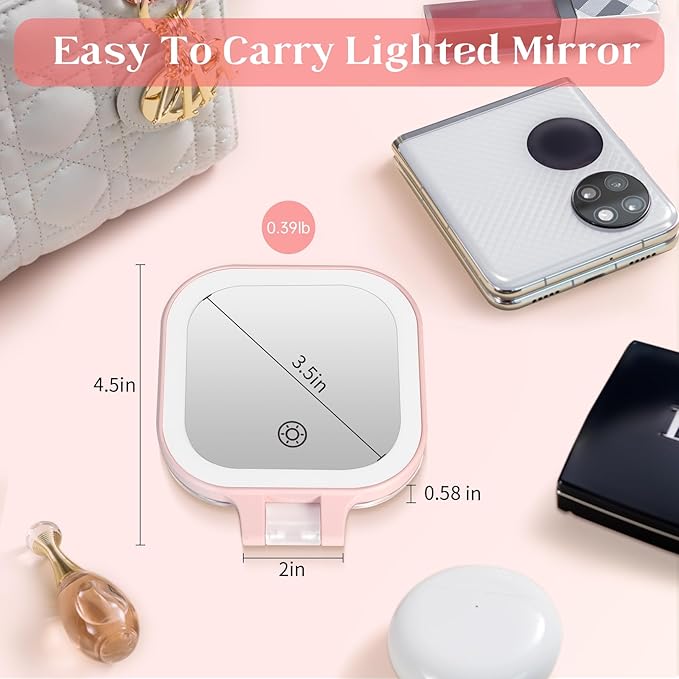 FASCINATE 20X Magnification Compact Travel Makeup Mirror with Lights and Magnification, 3.5 inch Portable 1X/20X Magnifying Mirror with 3 Color Light, Folding, Handheld (Pink)