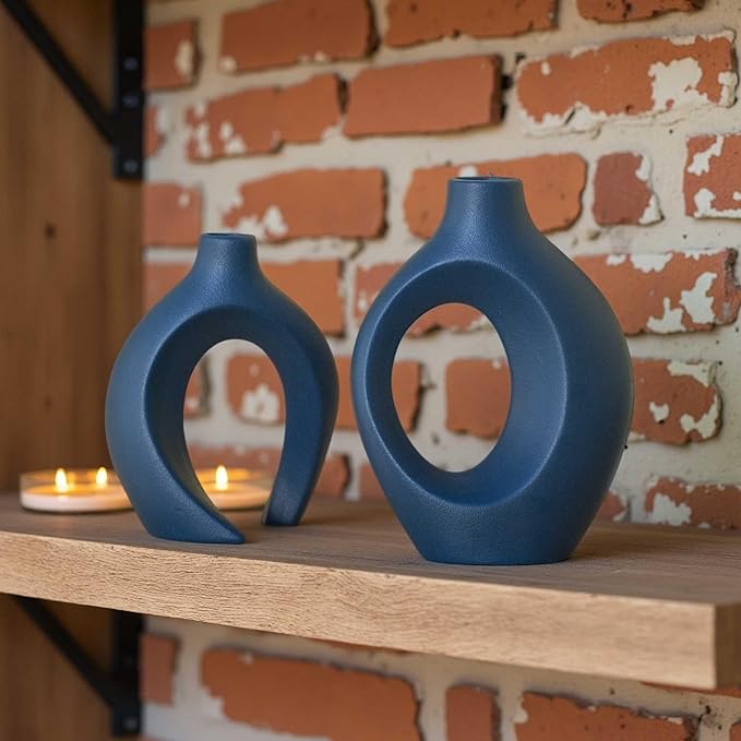 Snuggle Hollow Ceramic Vase Set of 2, Nordic Modern Boho ins Style Ceramic Aesthetic Flower Vases for Home Decor Living Room Coffee Table Decorative (Matte Navy Blue W 6.3" X H 8.4")
