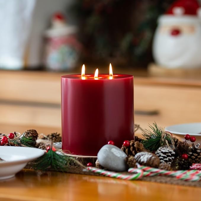 MOZEAL Extra Large 3 Wick Dark Red Pillar Candle, 6" x 6", Unscented, Dripless, Smokeless, and Clean-Burning. Approx. 80 Hours of Burn Time. Perfect for Weddings, Dinners, Christmas and Home Decor