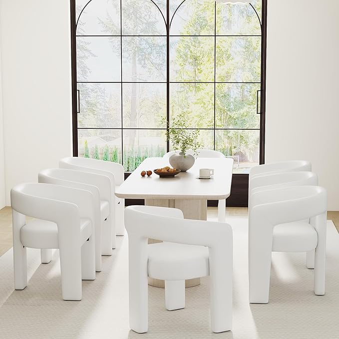 Modern Barrel Dining Chairs Set of 8, PU Leather Upholstered Accent Side Chair with Arms Comfy Makeup Vanity Chairs, Dining Living Room Kitchen Chairs, White