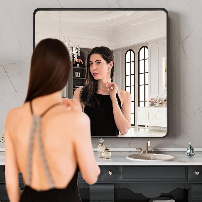 LOAAO 40X38 Inch Black Metal Framed Bathroom Mirror for Wall, Matte Black Bathroom Vanity Mirror Farmhouse, Anti-Rust, Tempered Glass, Hangs Horizontally or Vertically