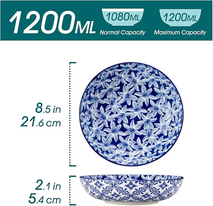 vancasso Selene 8.5" Pasta Bowls Set of 6, 40 oz Porcelain Shallow Salad Bowls, Serving Bowls Large Kitchen Bowl Plates Pasta Plates, Blue & White Floral Design, Microwave Safe