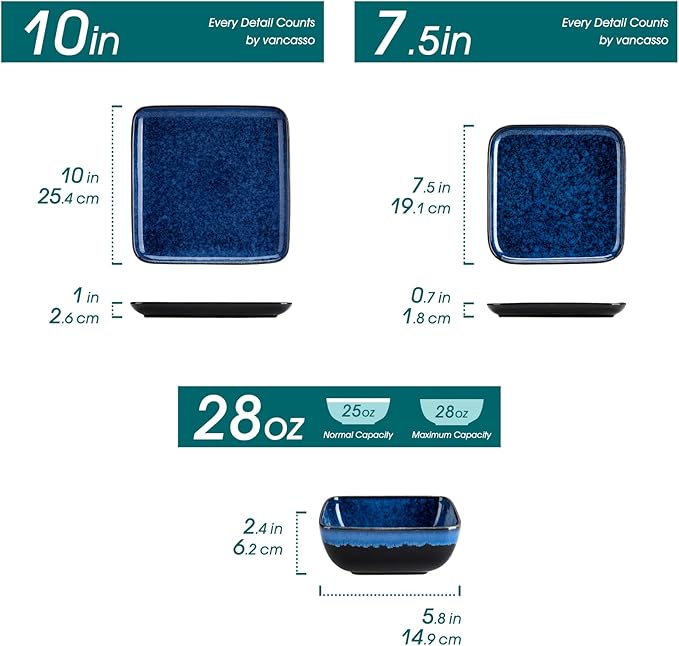 vancasso Stern Blue Dinner Set Square Reactive Glaze Tableware 12 Pieces Kitchen Dinnerware Stoneware Crockery Set with Dinner Plate, Dessert Plate, Bowl Service for 4