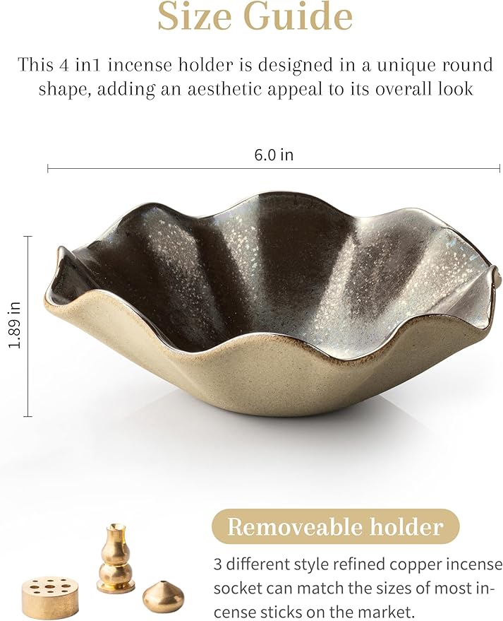 4 in 1 Incense Burner 6 Inch Inscents-Sticks Holder, Lotus Incense Holder for Sticks, Insence Burner with 3 Incense Sockets for Meditation, Yoga, Home Decor, Black and Brown