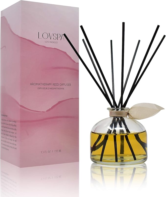 LOVSPA Reed Diffuser Set, Sandalwood & Amber Scented Oil Diffuser with Sticks, Home Fragrance Accessories for Bathroom Shelf Decor, Aroma Diffusers for Home or Office Fall Decor, USA Made
