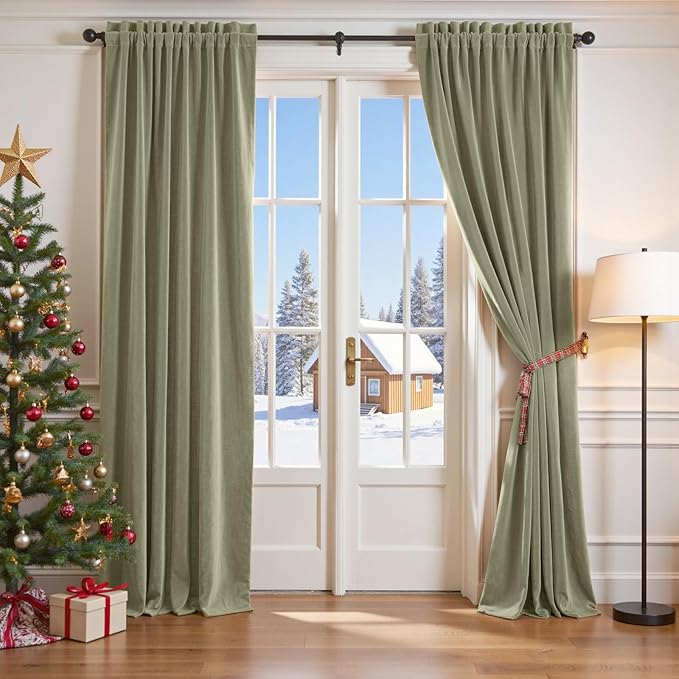 Lazzzy Velvet Blackout Curtains Thermal Insulated Room Window Drapes Super Soft Luxury Curtains for Living Room Bedroom Rod Pocket 2 Panels, Olive Sage, 52" W x 84" L