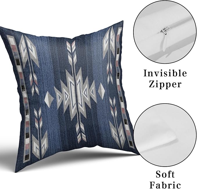 Giwawa Southwestern Throw Pillow Covers, Navy Blue Grey Native American Pillow Cases Set of 2, Ethnic Tribal Geometric Square Cushion Covers Double Sided for Sofa Porch Bedding Patio Decor, 16x16 Inch