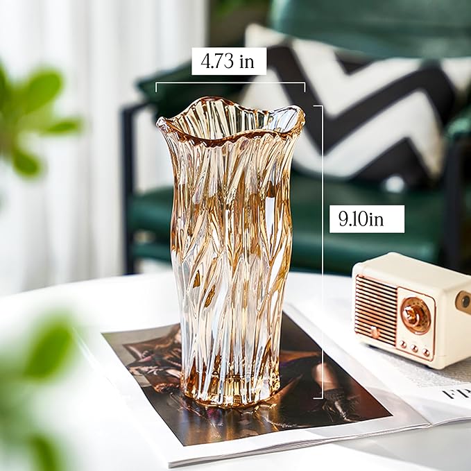 Glass Vase for Flowers, Gold Amber Clear Glass Vases for Centerpieces, Crystal Vase for Home Table Flower Decor 9.1 inches Tall