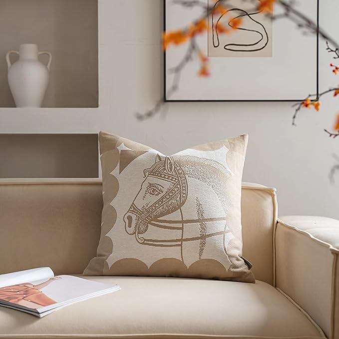 Premium Throw Pillow Covers 22x22 Inches - Oatmeal Horse Chenille Jacquard Embroidery Decorative Couch Pillow Covers for Living Room Bedroom Sofa Home Décor