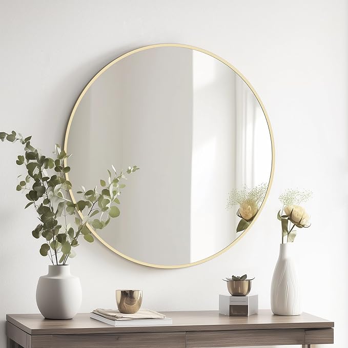 HOMECOOKIN Round Wall Mirror 28" Gold Circle Mirror for Bathroom with Metal Framed, Round Gold Mirror for Wall Decor, Vanity, Entryway Living Room