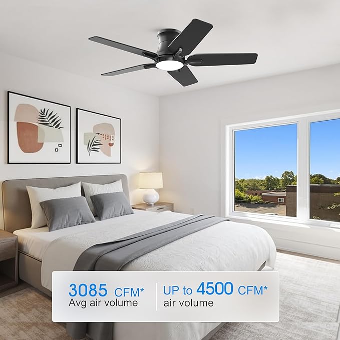 42 Inch Black Ceiling Fans with Lights and Remote, Flush Mount Low Profile Ceiling Fan for Bedroom, Living Room, Patio, Dimmable 6 Speeds Noiseless Reversible, ETL Listed
