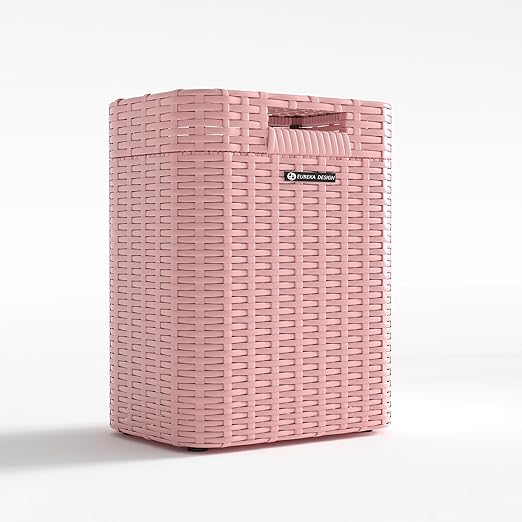 Ypati Handwoven 4 Gallon Rattan Trash Can with Lid, Boho Style Decorative Indoor and Outdoor Trash Bin with Shelf, Waste Basket for Bathroom, Patio, Study, with Trash Bags, Macaron Pink, Eureka