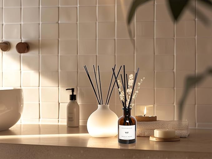 WEALD TRIBE Reed Diffuser Set for Bathroom Shelf Decor, Sticks Diffuser with Essential Oils Included | Early Summer Gardenia Scent 4.0 fl oz Fragrance Oil | Defusers for Home Apartment Essentials