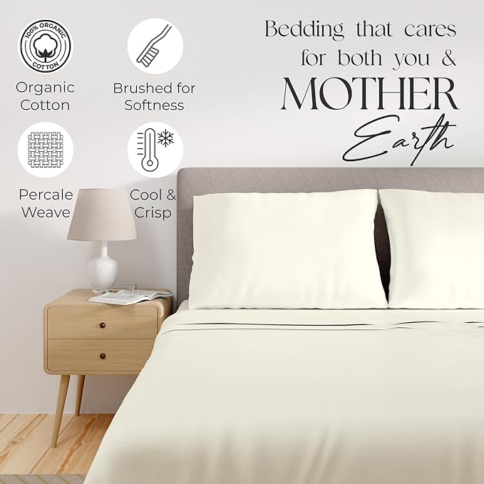 SUPREME ELEGANCE 100% Organic Cotton Percale Twin Sheet Set – Crisp & Breathable Cooling Cotton Bedding, Deep Pocket Fits up to 18″, Soft & Durable, Light Ivory, 3-Piece Set