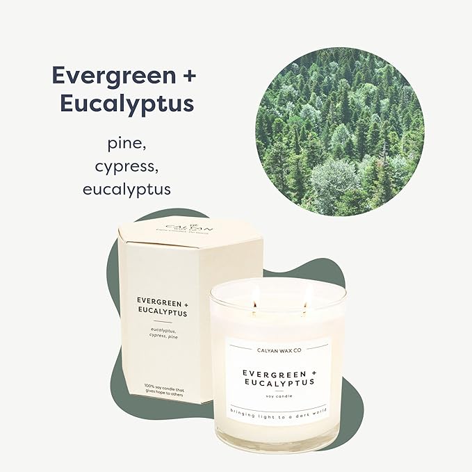 Calyan Wax Co. 2 Wick Candle, Evergreen + Eucalyptus Scented Candle, 37 Hour Burn Time, Aromatherapy Soy Candles, Non Toxic & Vegan Soy Wax, Glass Tumbler Scented Candles, 12.5oz
