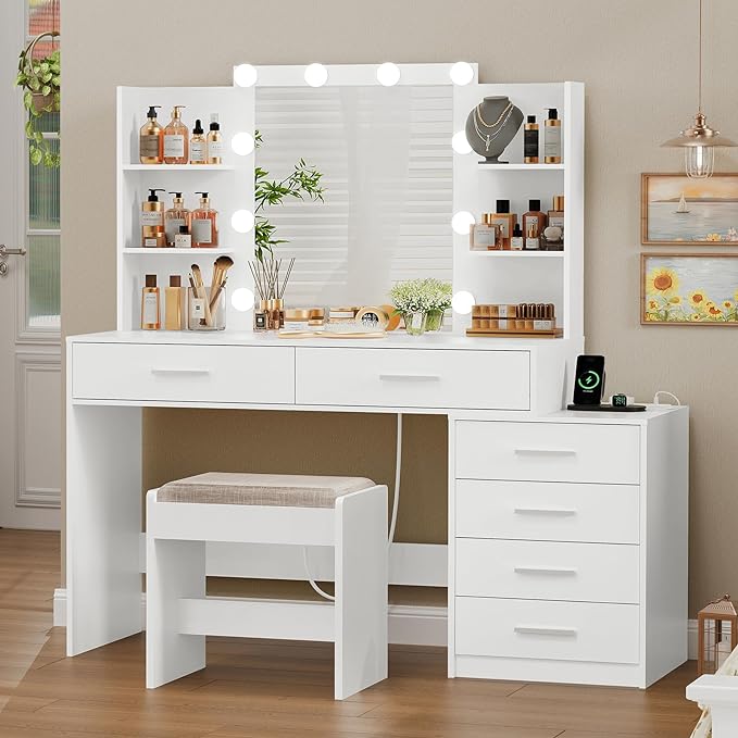 Quimoo 48" Large Vanity Desk with Mirror & Lights, Makeup Vanity Table with 6 Drawers & Power Outlet, 4 Open Storage Shelves, Vanity Desk Set with Stool, for Women Girls, White