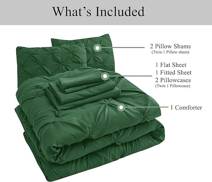 LANE LINEN Full Comforter Set – 7 Piece Bed in a Bag – Pinch Pleated Full Size Bedding Set with Comforter, Flat Sheet, Fitted Sheet, Pillowcase & Sham – Soft Pintuck Bed Set - Olive Green