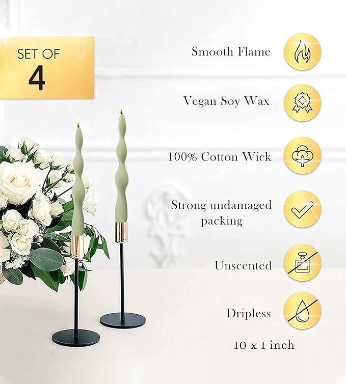 10 Inch Olive Spiral Taper Candles Dripless Twisted Taper Candle Handmade from Vegan Soy Wax for Holiday Wedding Party Home Dinner Decoration Party and Any Occasion,Set of 4(Olive Green-F)