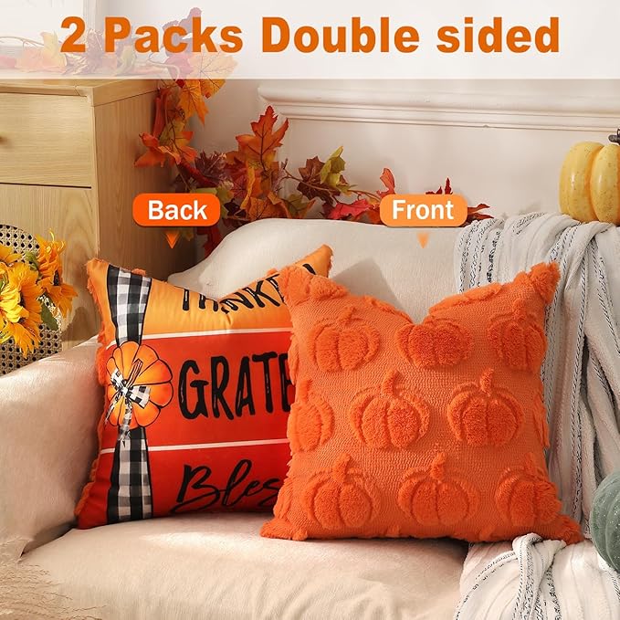 TOYPOPOR Fall Decorations, 2 Packs Double Sided Throw Pillow Covers, Orange Soft Faux Fur Pumpkin Pillow Cases Autumn Harvest Thanksgiving Indoor Outdoor Home Decor for Living Room Porch Couch 20x20